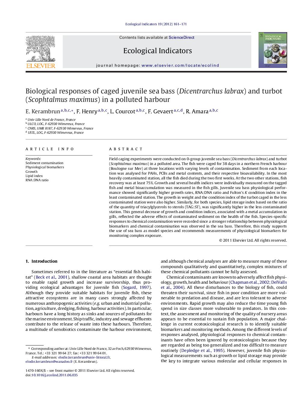 Biological responses of caged juvenile sea bass (Dicentrarchus labrax) and turbot (Scophtalmus maximus) in a polluted harbour