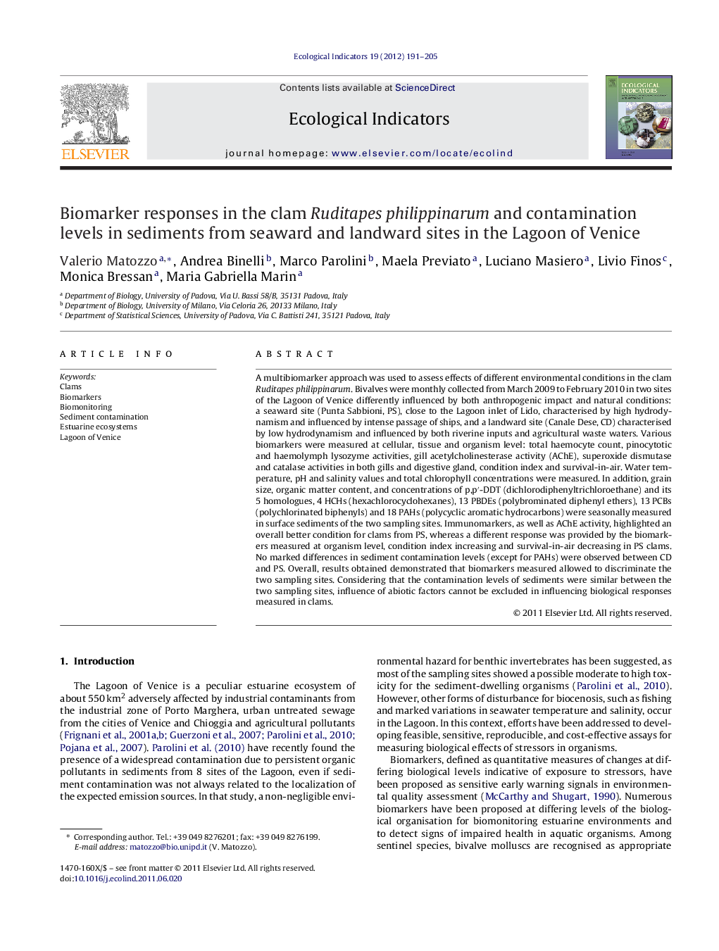 Biomarker responses in the clam Ruditapes philippinarum and contamination levels in sediments from seaward and landward sites in the Lagoon of Venice