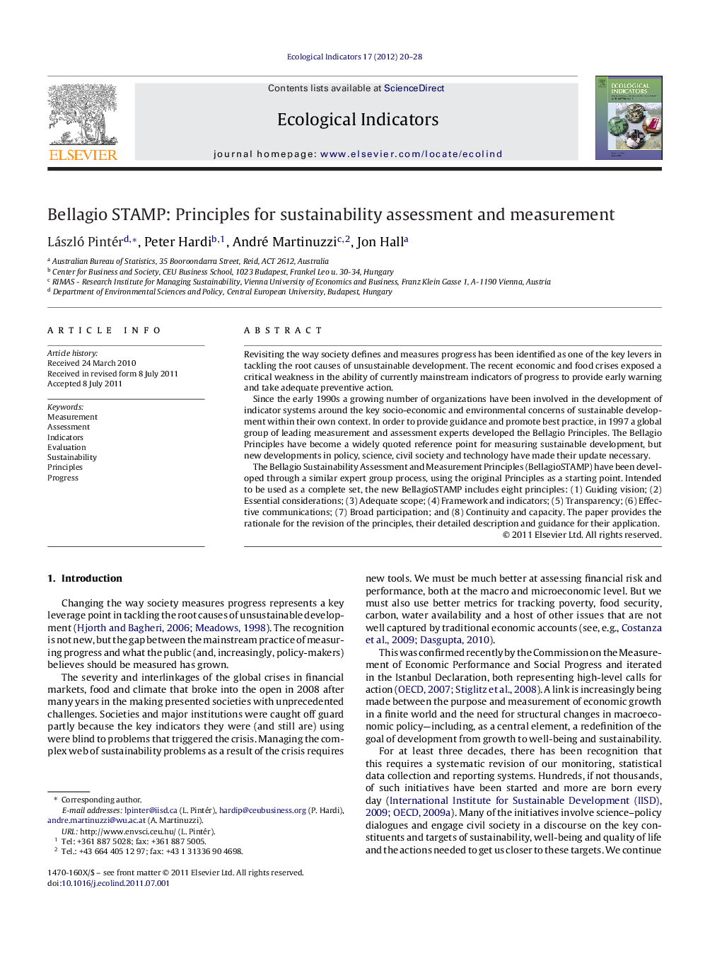 Bellagio STAMP: Principles for sustainability assessment and measurement