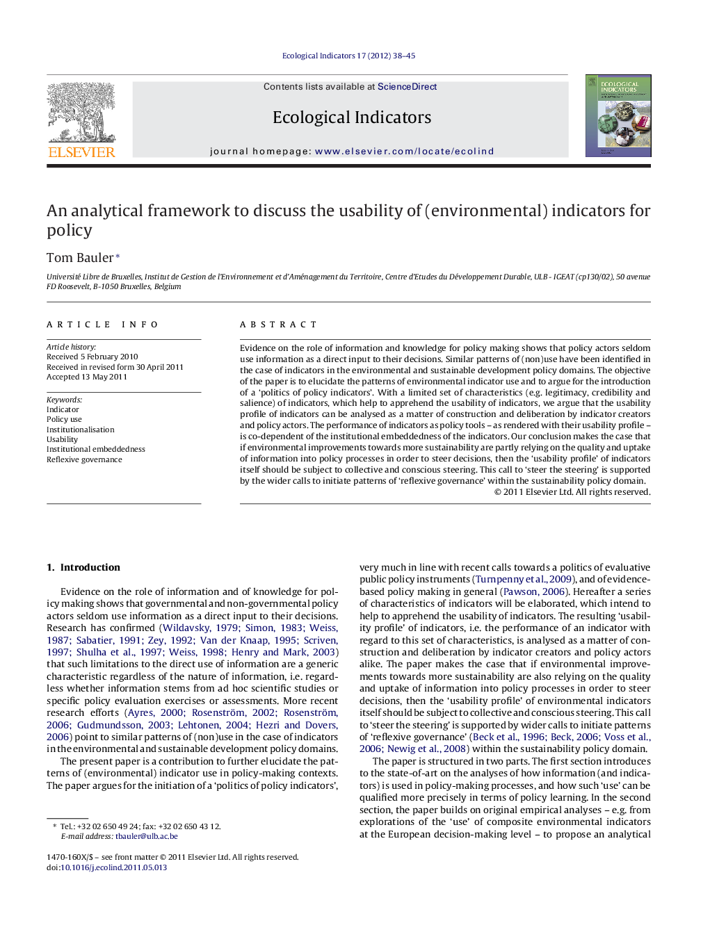 An analytical framework to discuss the usability of (environmental) indicators for policy