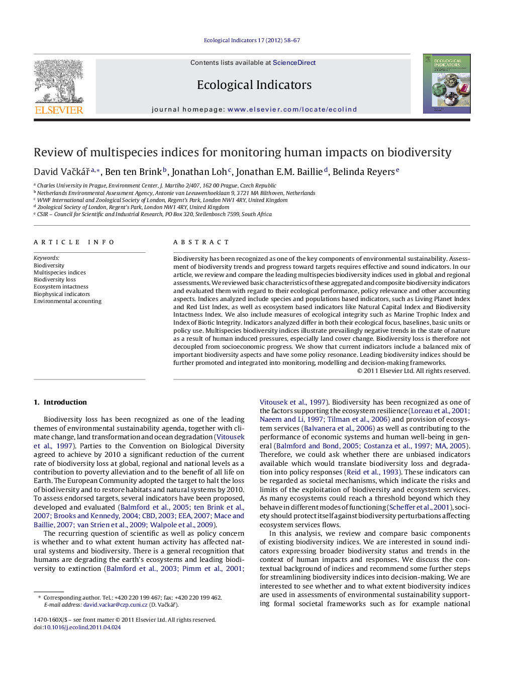 Review of multispecies indices for monitoring human impacts on biodiversity