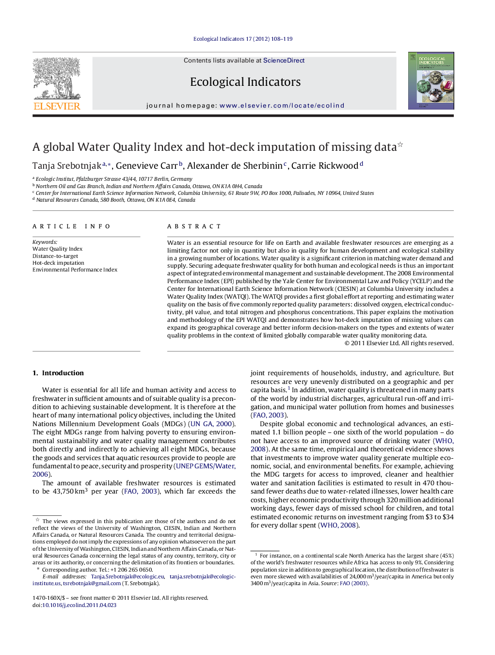 A global Water Quality Index and hot-deck imputation of missing data