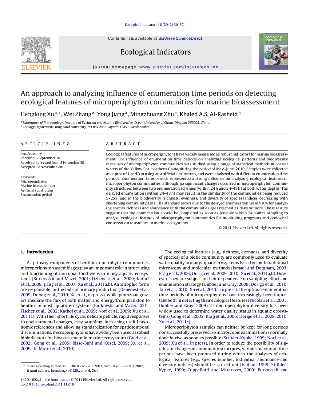 An approach to analyzing influence of enumeration time periods on detecting ecological features of microperiphyton communities for marine bioassessment