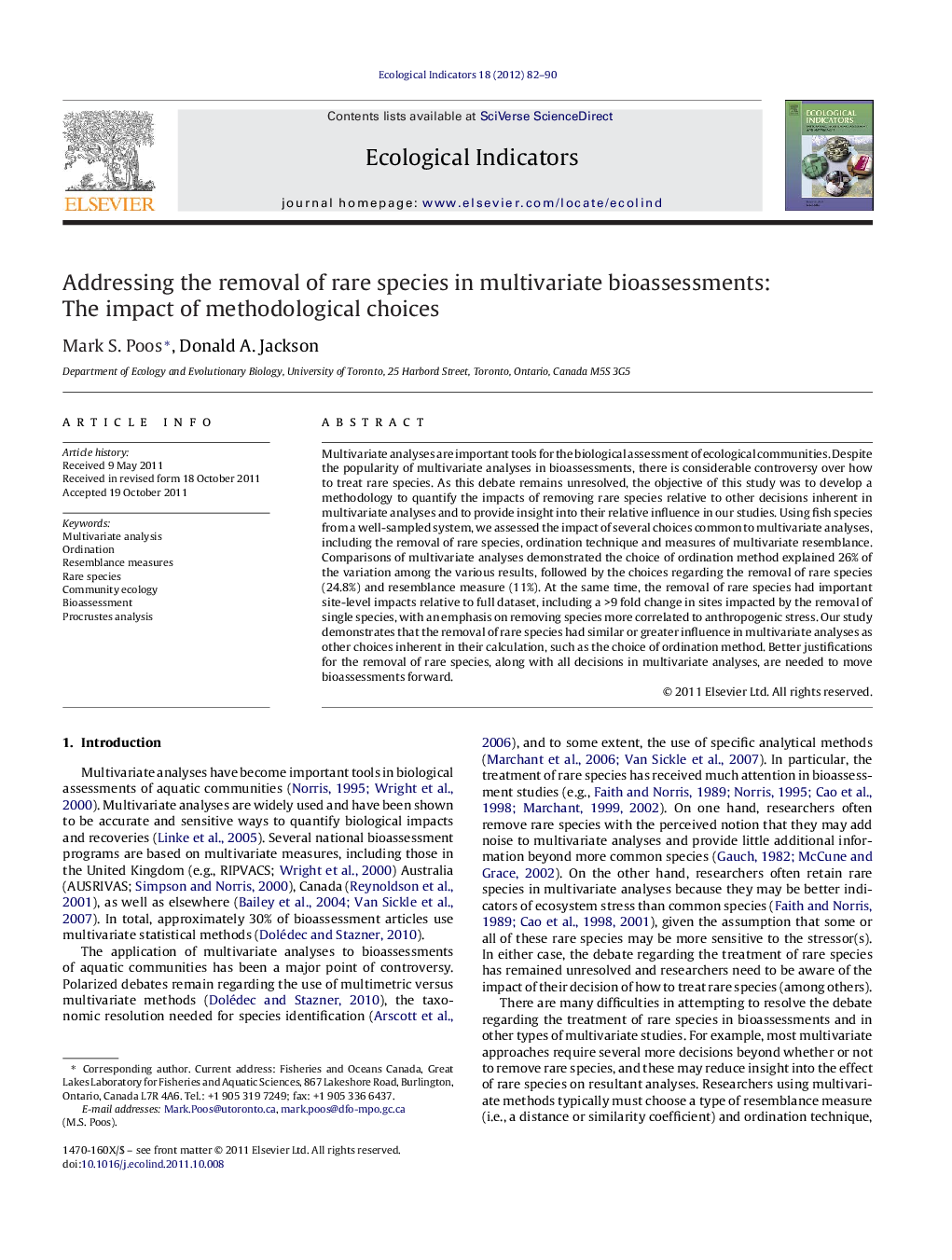 Addressing the removal of rare species in multivariate bioassessments: The impact of methodological choices