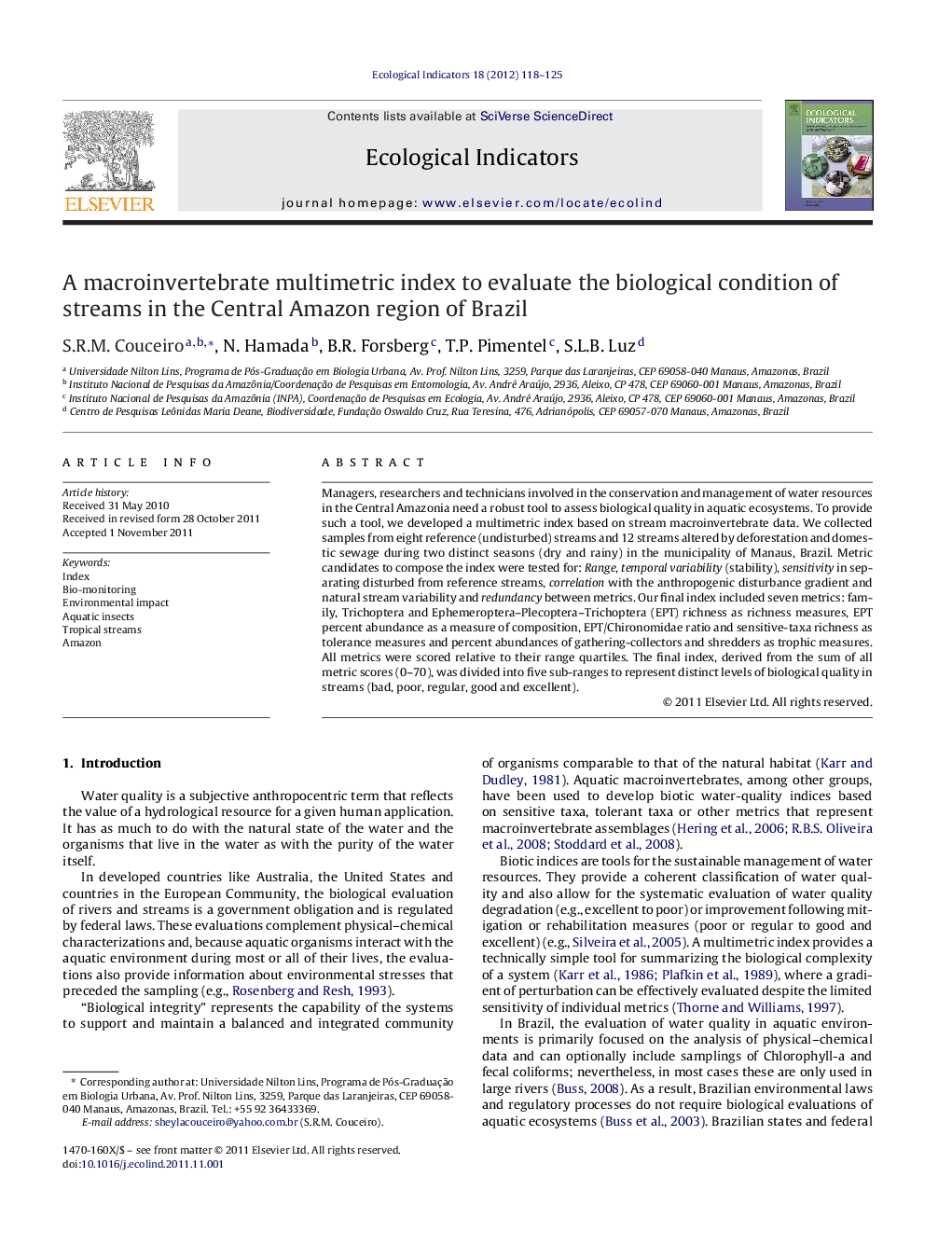 A macroinvertebrate multimetric index to evaluate the biological condition of streams in the Central Amazon region of Brazil