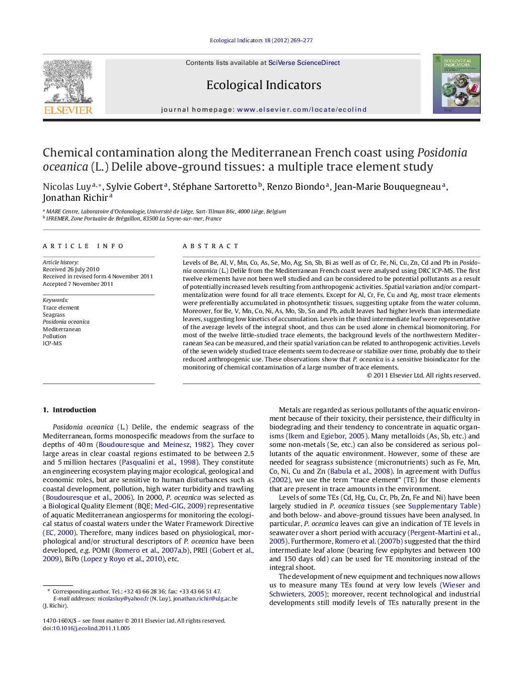 Chemical contamination along the Mediterranean French coast using Posidonia oceanica (L.) Delile above-ground tissues: a multiple trace element study