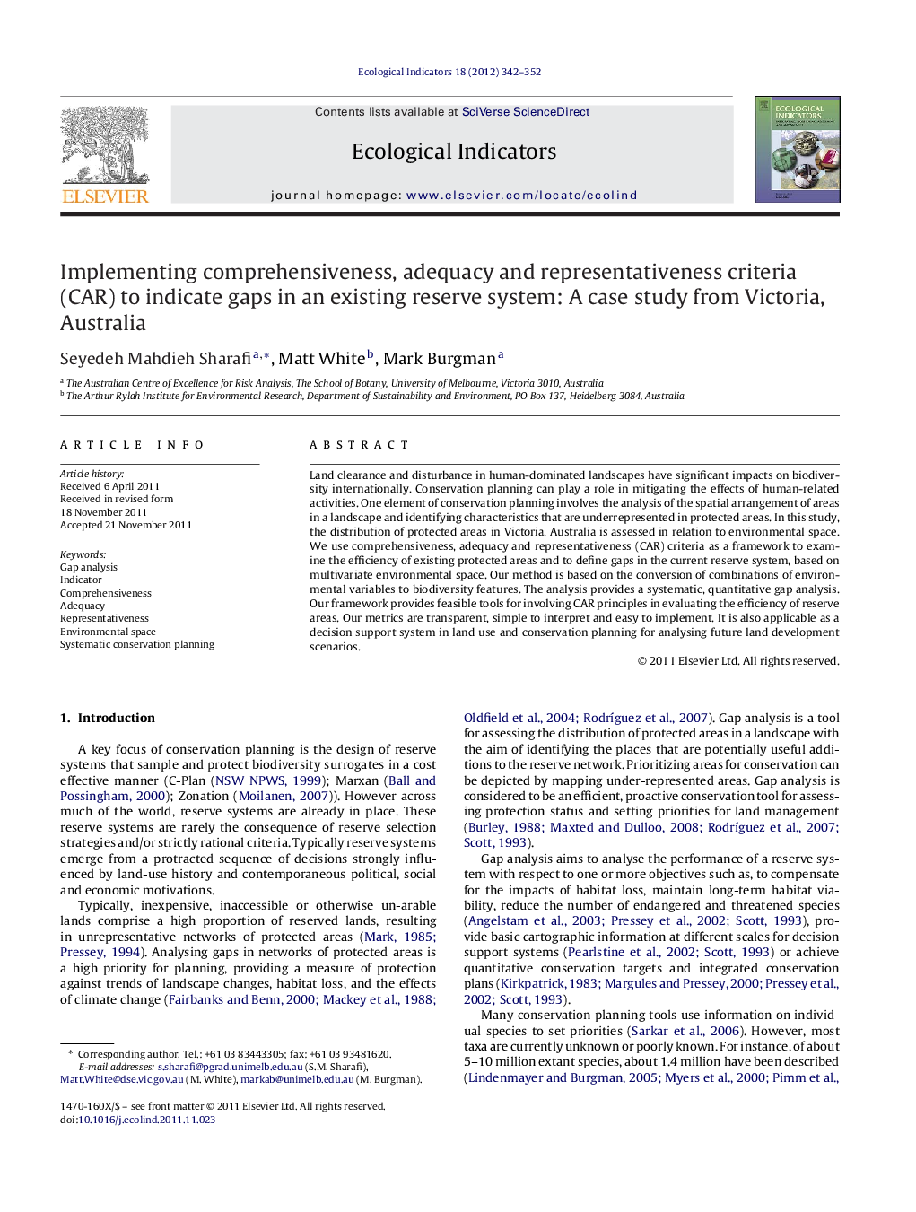 Implementing comprehensiveness, adequacy and representativeness criteria (CAR) to indicate gaps in an existing reserve system: A case study from Victoria, Australia