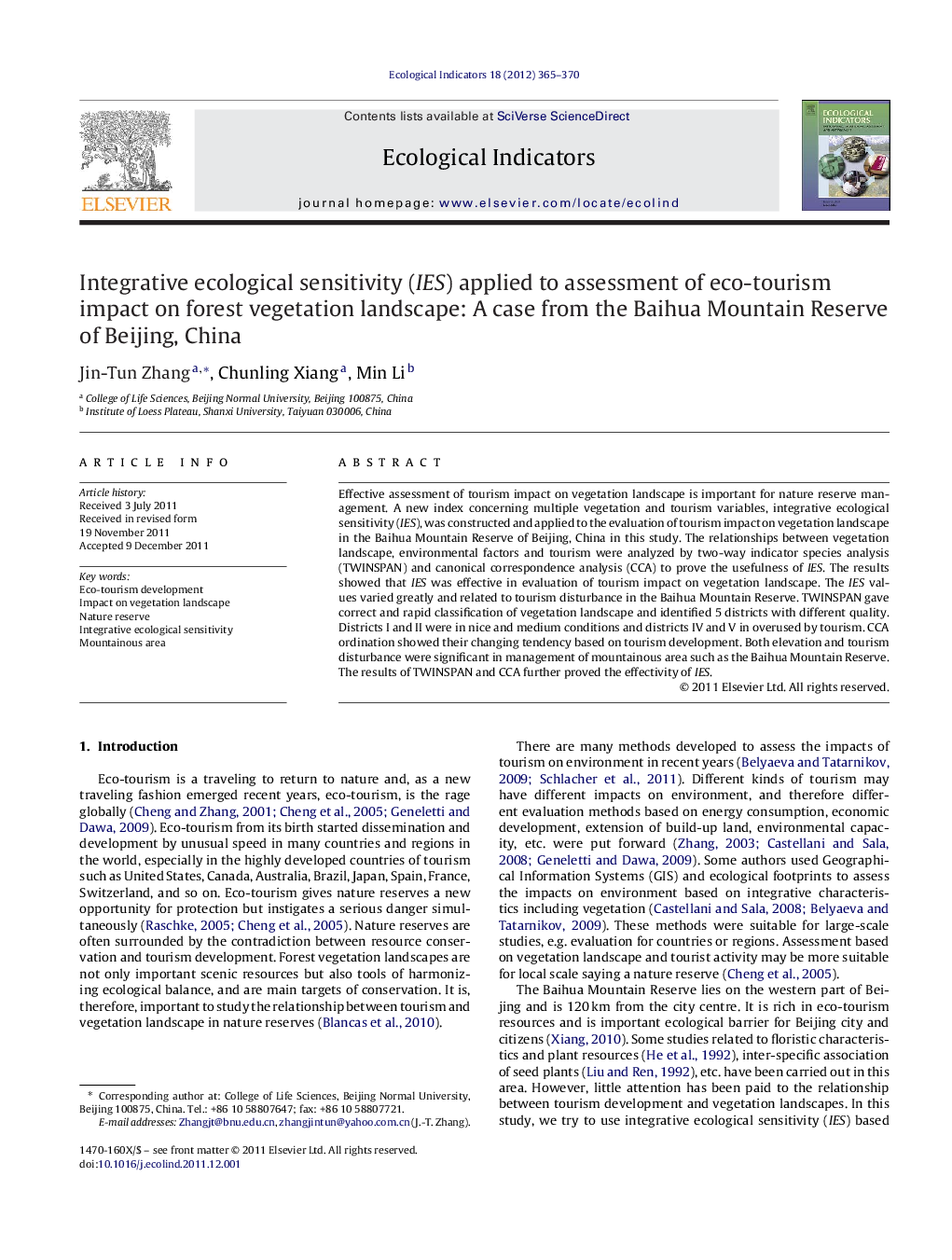 Integrative ecological sensitivity (IES) applied to assessment of eco-tourism impact on forest vegetation landscape: A case from the Baihua Mountain Reserve of Beijing, China