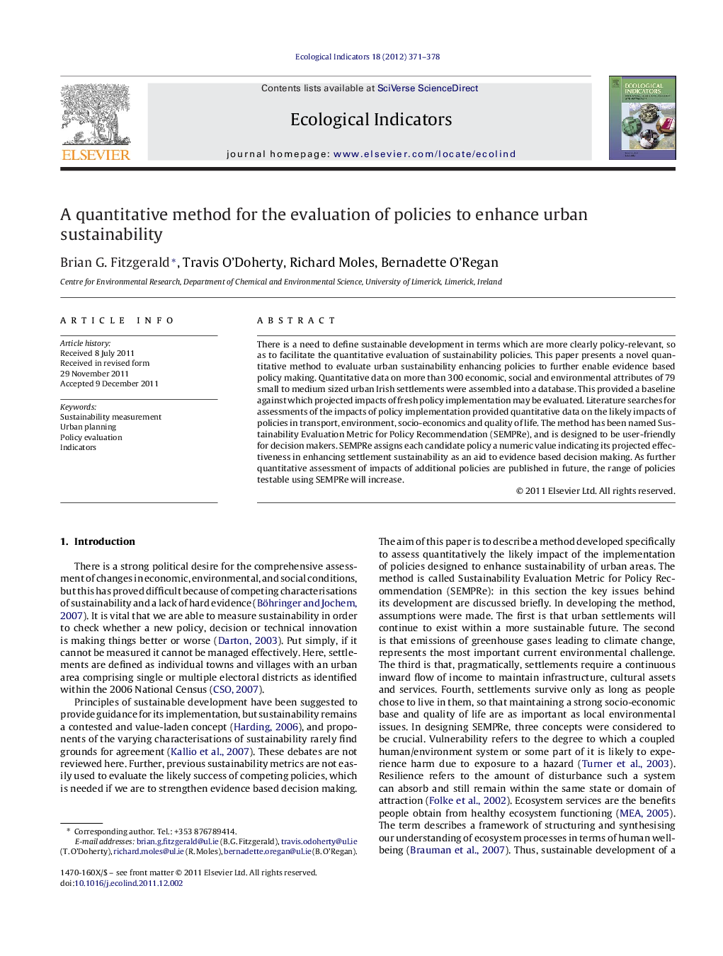 A quantitative method for the evaluation of policies to enhance urban sustainability