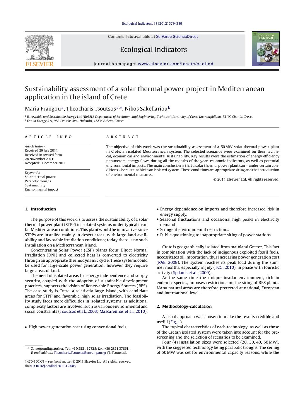 Sustainability assessment of a solar thermal power project in Mediterranean application in the island of Crete