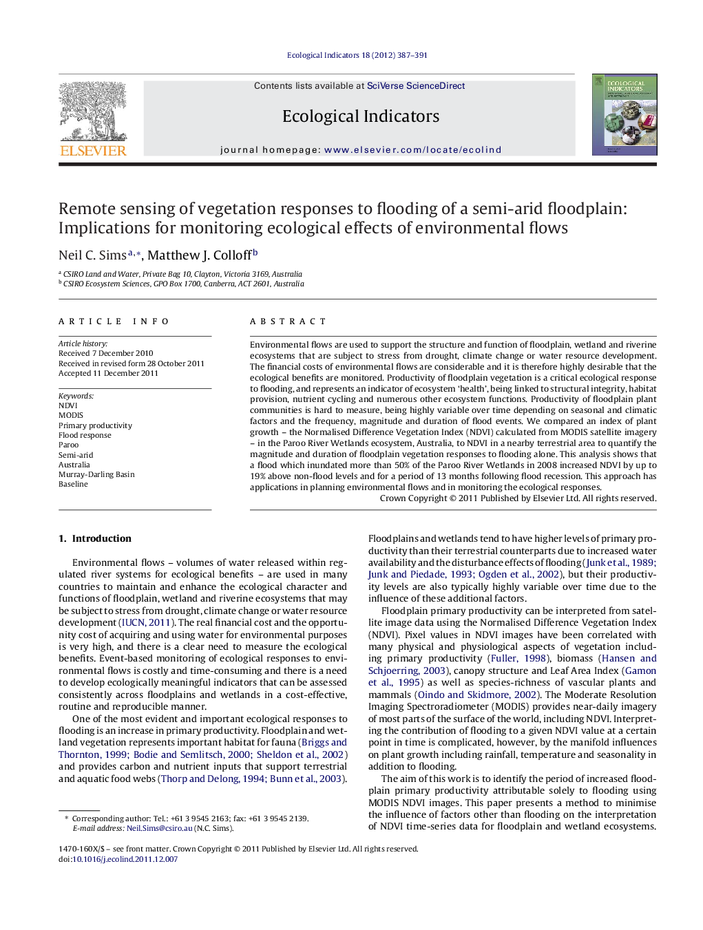 Remote sensing of vegetation responses to flooding of a semi-arid floodplain: Implications for monitoring ecological effects of environmental flows