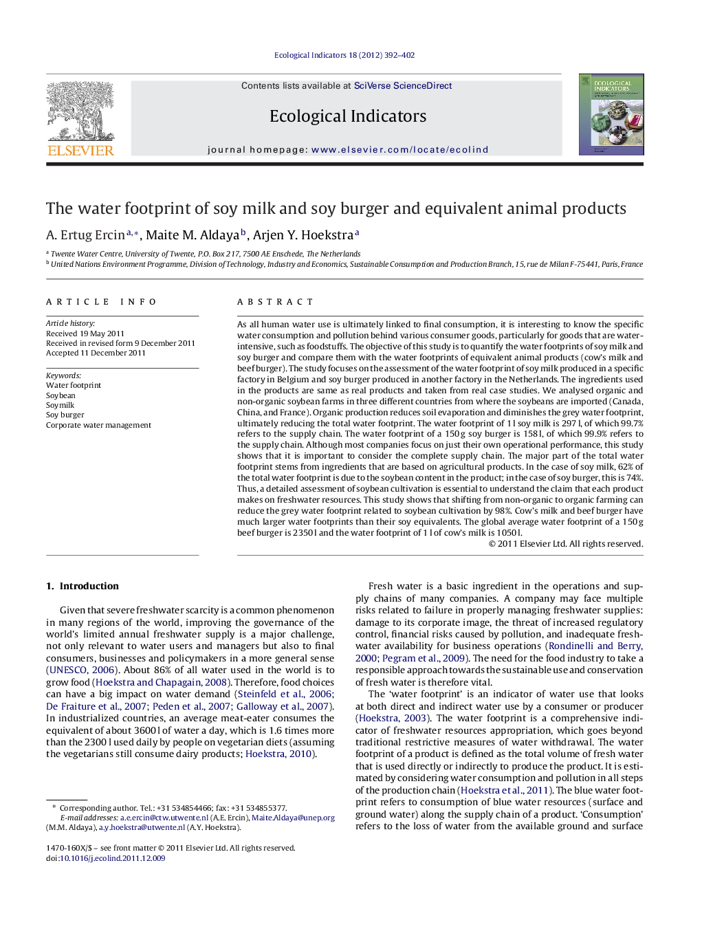 The water footprint of soy milk and soy burger and equivalent animal products