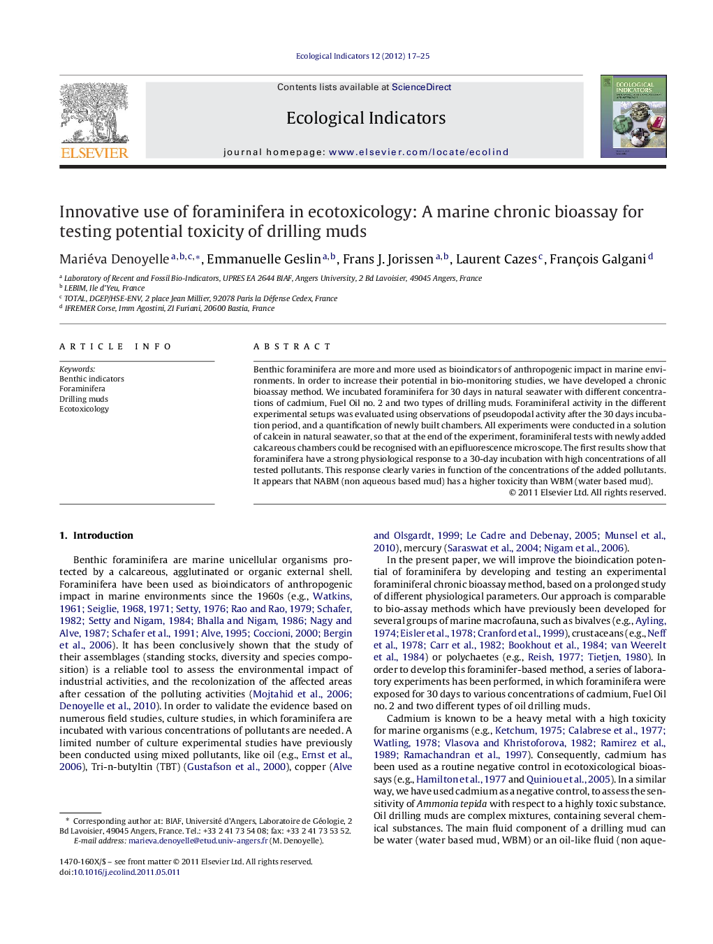 Innovative use of foraminifera in ecotoxicology: A marine chronic bioassay for testing potential toxicity of drilling muds