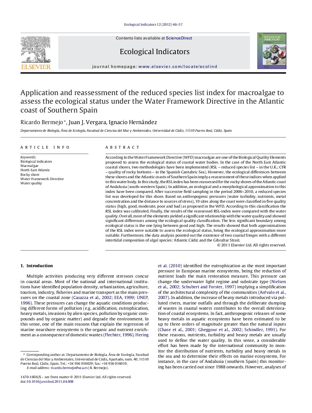 Application and reassessment of the reduced species list index for macroalgae to assess the ecological status under the Water Framework Directive in the Atlantic coast of Southern Spain