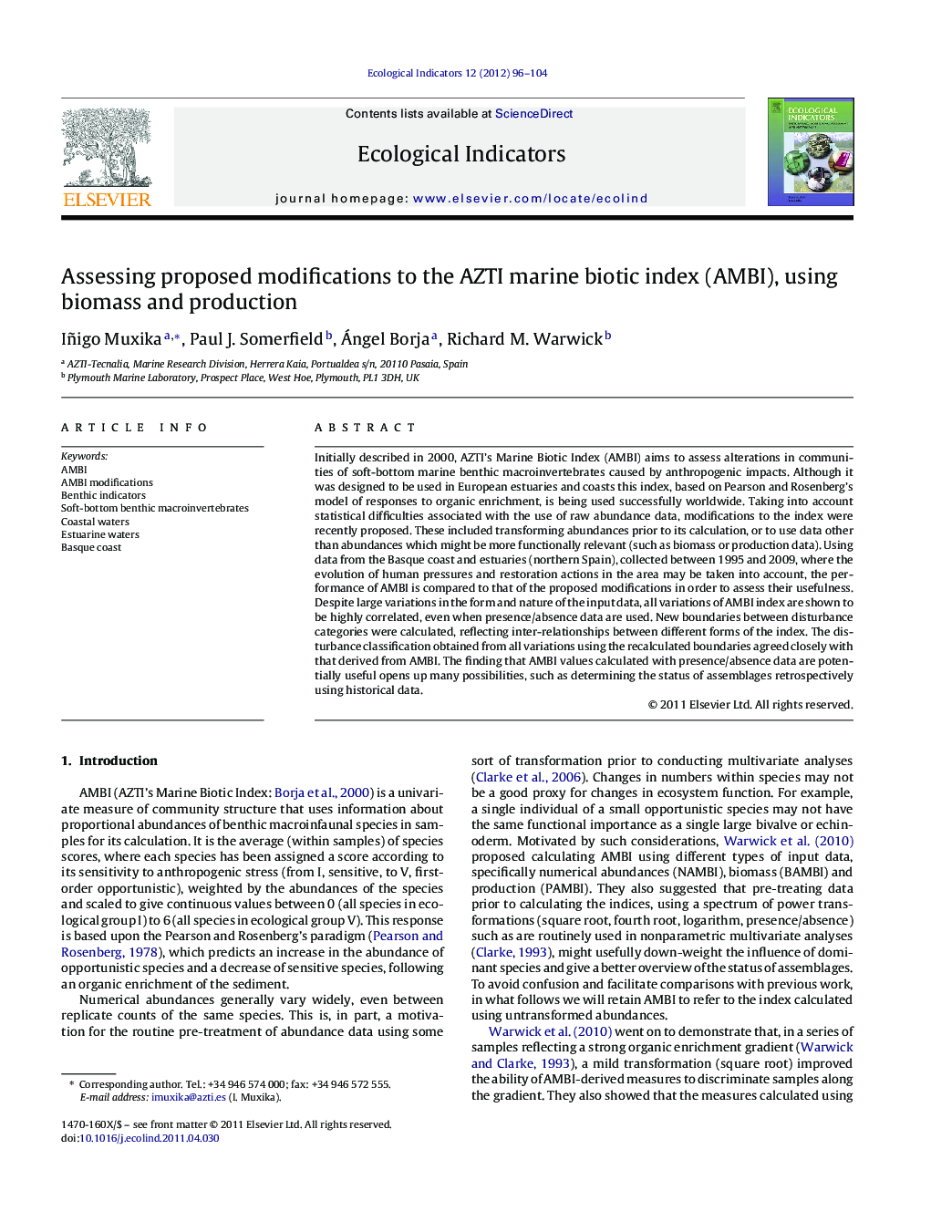 Assessing proposed modifications to the AZTI marine biotic index (AMBI), using biomass and production