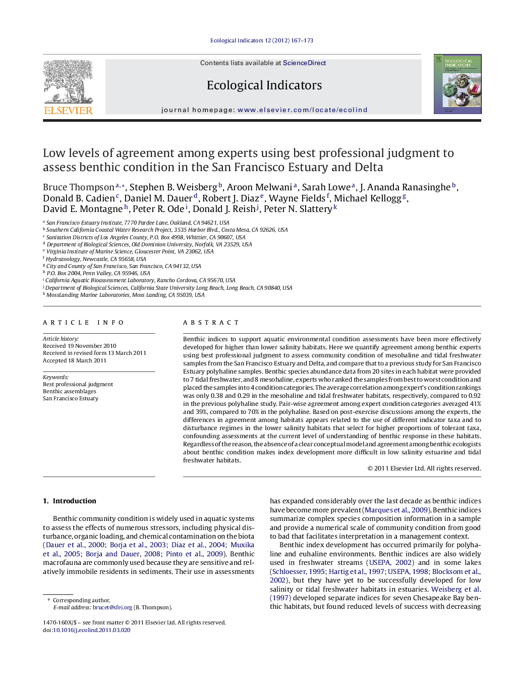 Low levels of agreement among experts using best professional judgment to assess benthic condition in the San Francisco Estuary and Delta