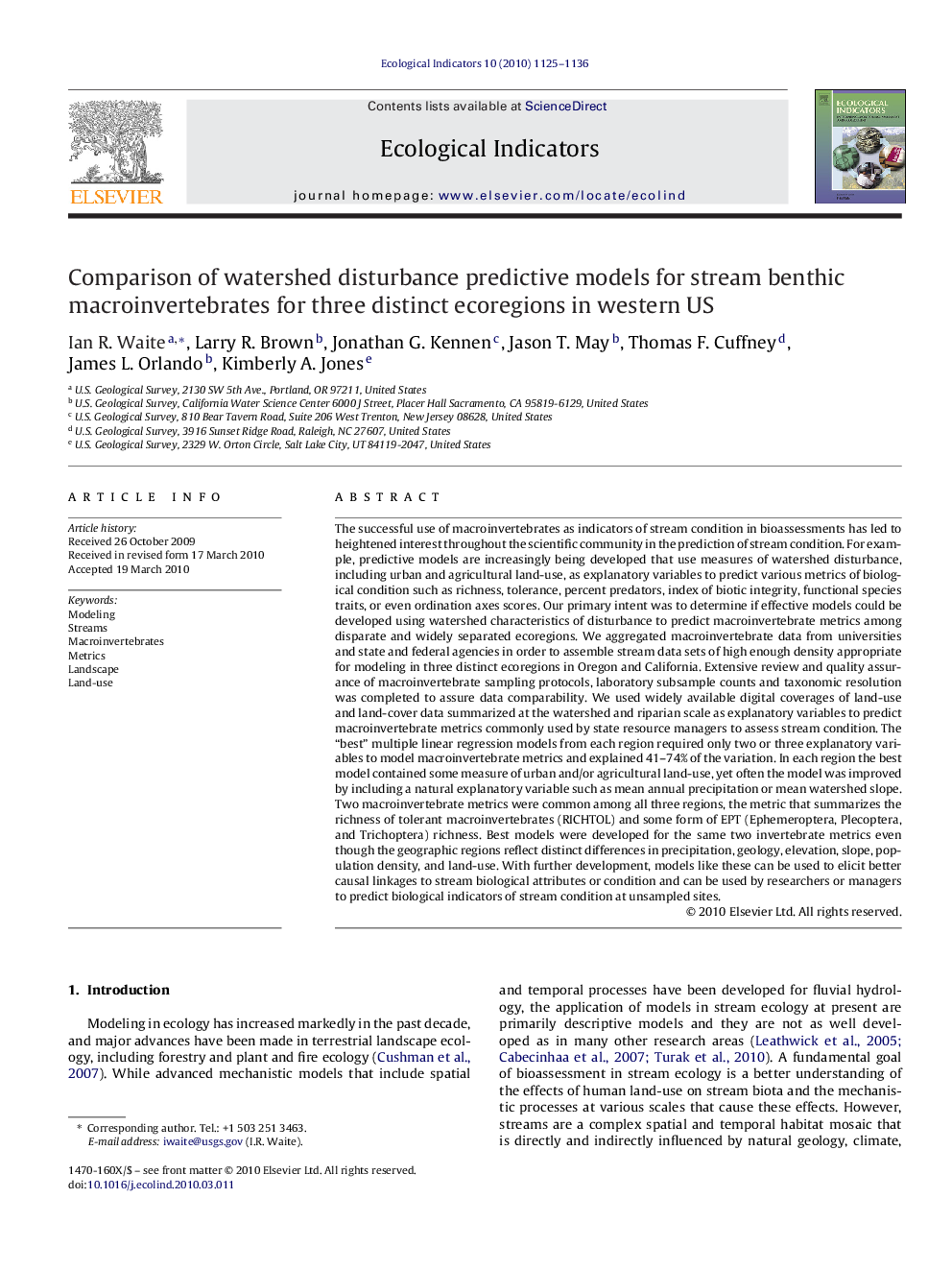 Comparison of watershed disturbance predictive models for stream benthic macroinvertebrates for three distinct ecoregions in western US