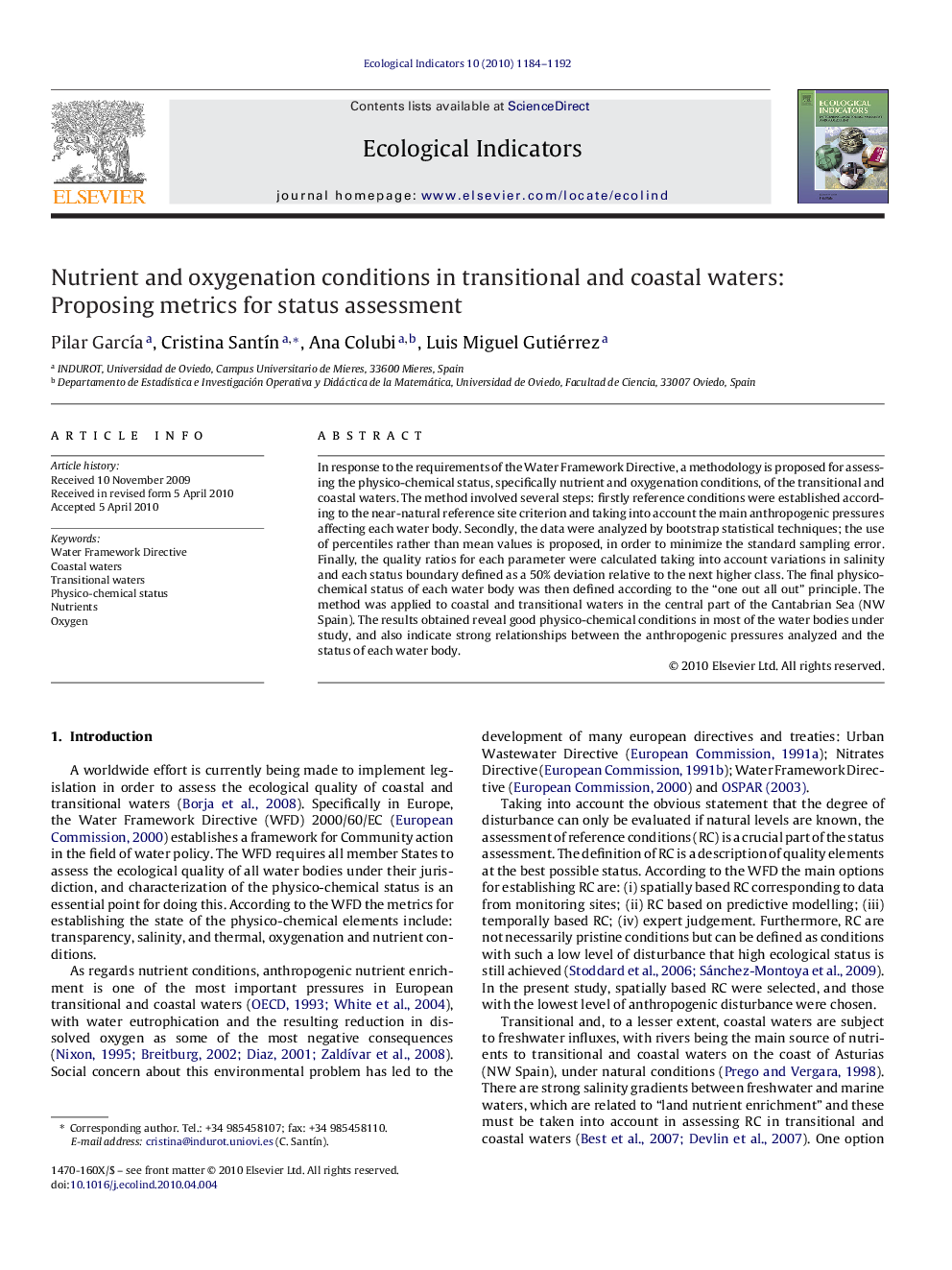 Nutrient and oxygenation conditions in transitional and coastal waters: Proposing metrics for status assessment