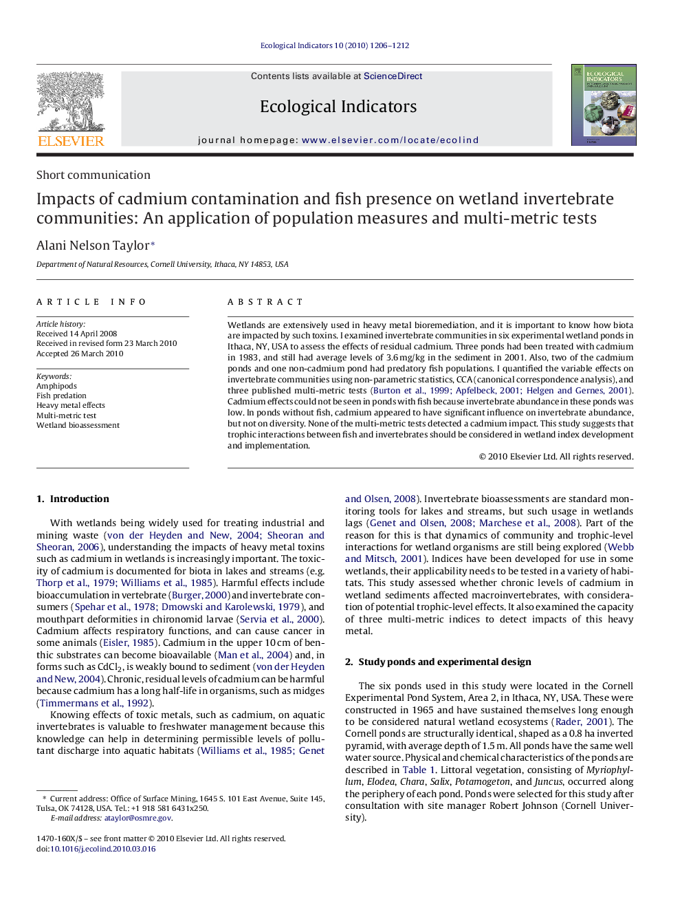 Impacts of cadmium contamination and fish presence on wetland invertebrate communities: An application of population measures and multi-metric tests