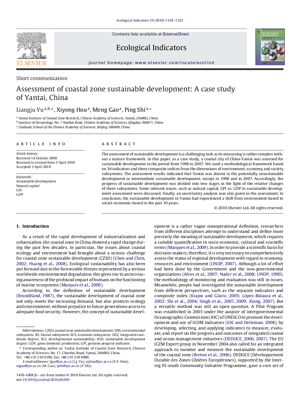 Assessment of coastal zone sustainable development: A case study of Yantai, China