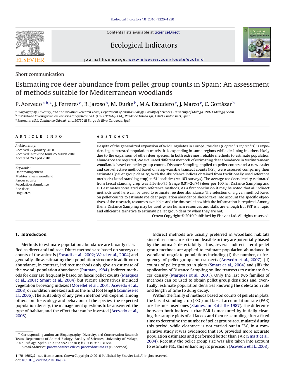 Estimating roe deer abundance from pellet group counts in Spain: An assessment of methods suitable for Mediterranean woodlands