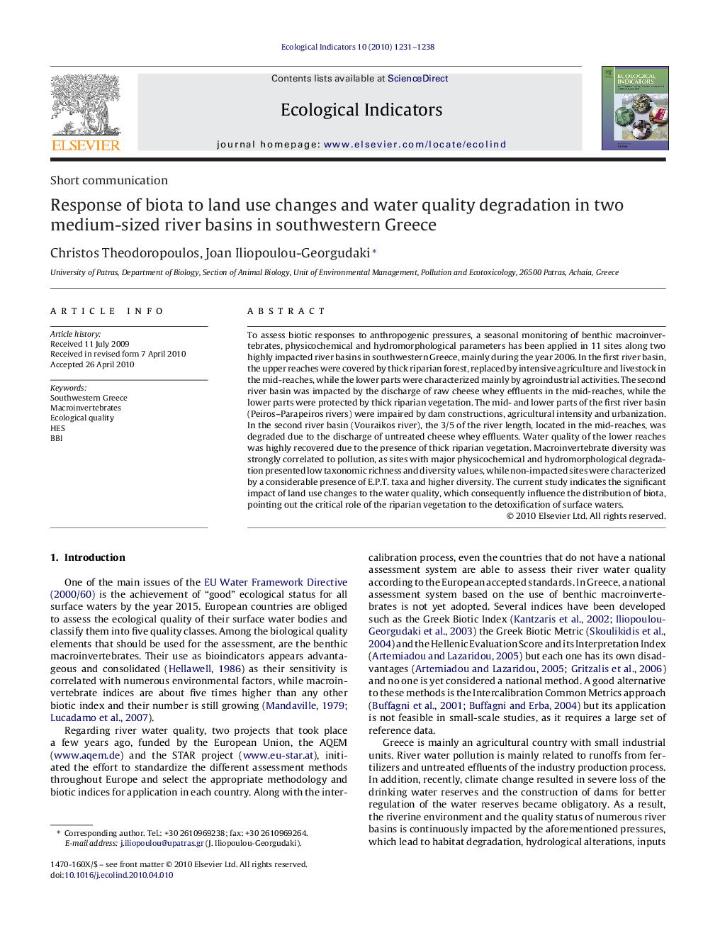 Response of biota to land use changes and water quality degradation in two medium-sized river basins in southwestern Greece