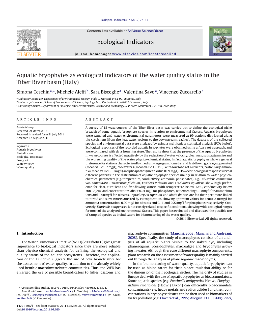 Aquatic bryophytes as ecological indicators of the water quality status in the Tiber River basin (Italy)