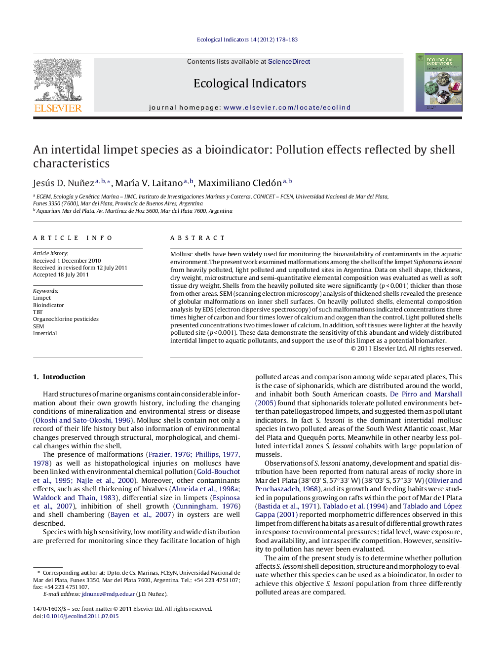 An intertidal limpet species as a bioindicator: Pollution effects reflected by shell characteristics