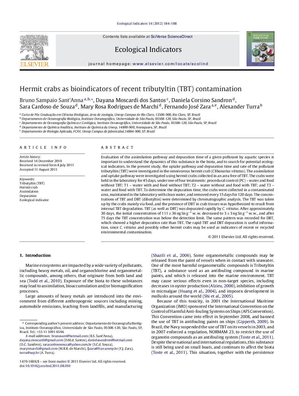 Hermit crabs as bioindicators of recent tributyltin (TBT) contamination