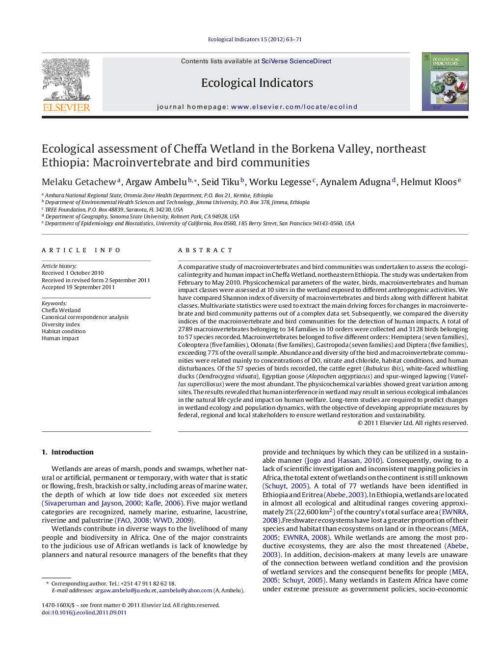 Ecological assessment of Cheffa Wetland in the Borkena Valley, northeast Ethiopia: Macroinvertebrate and bird communities