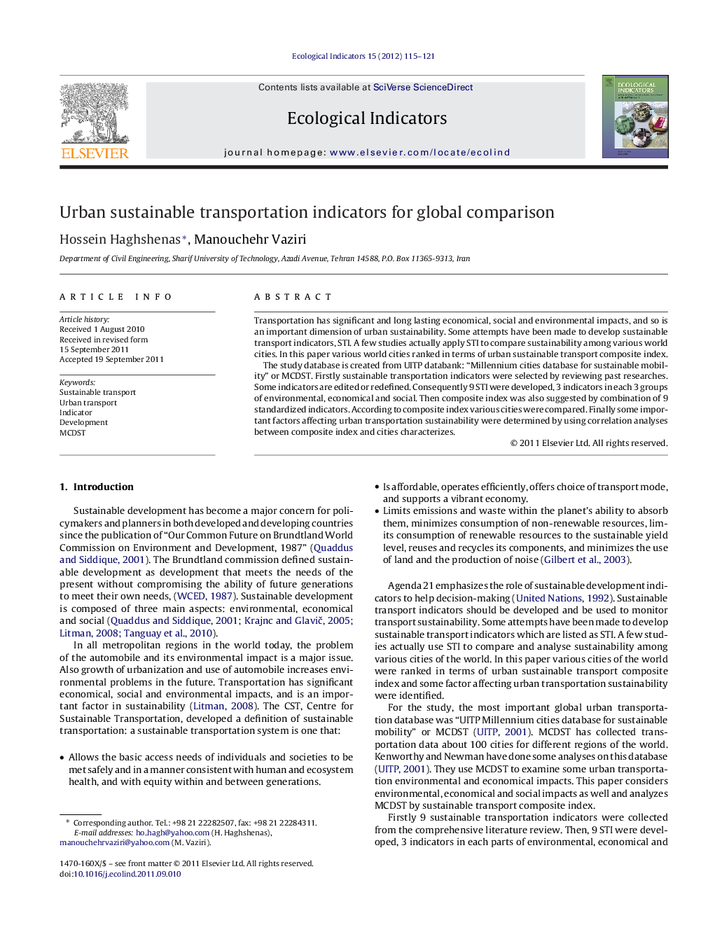 Urban sustainable transportation indicators for global comparison