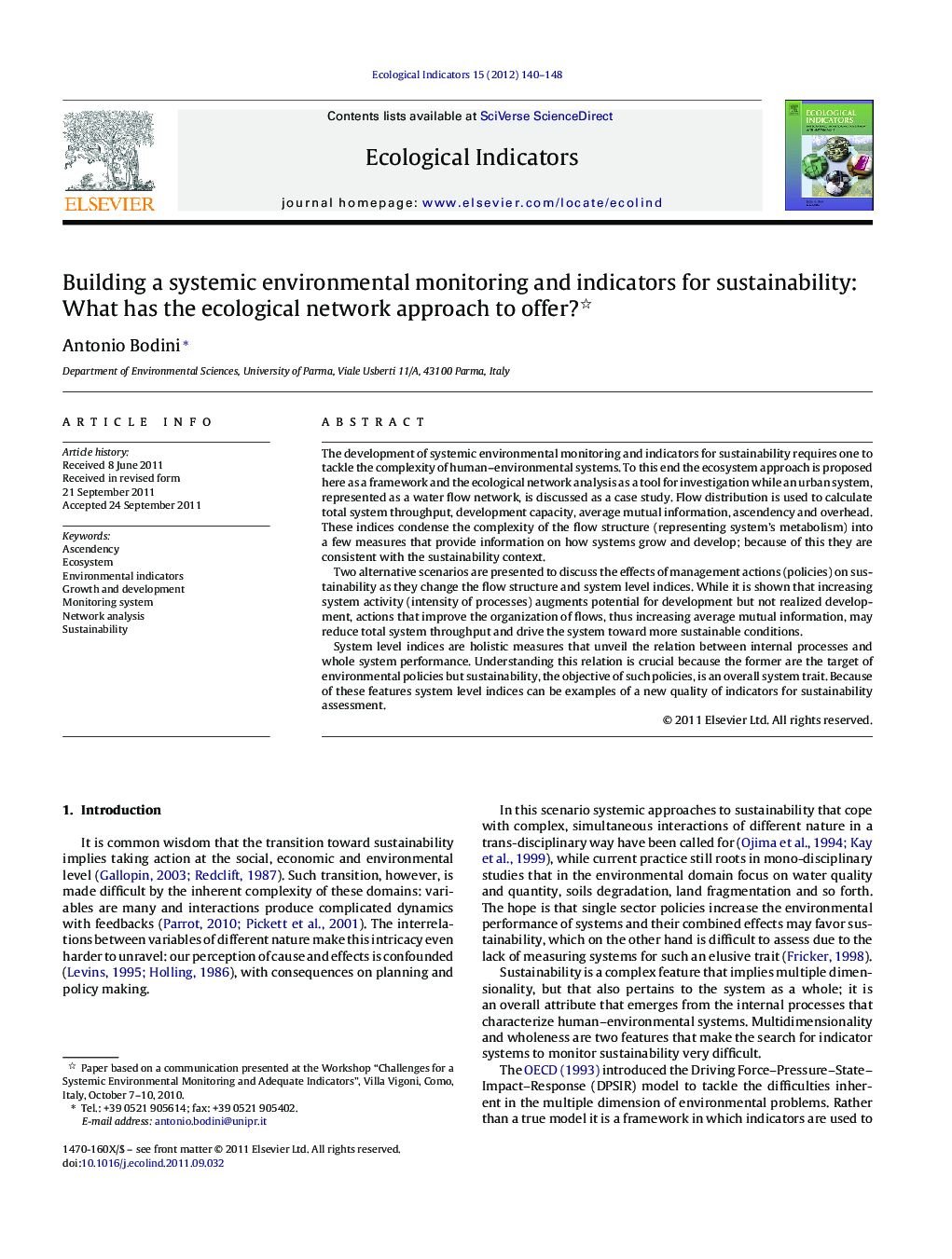 Building a systemic environmental monitoring and indicators for sustainability: What has the ecological network approach to offer? 