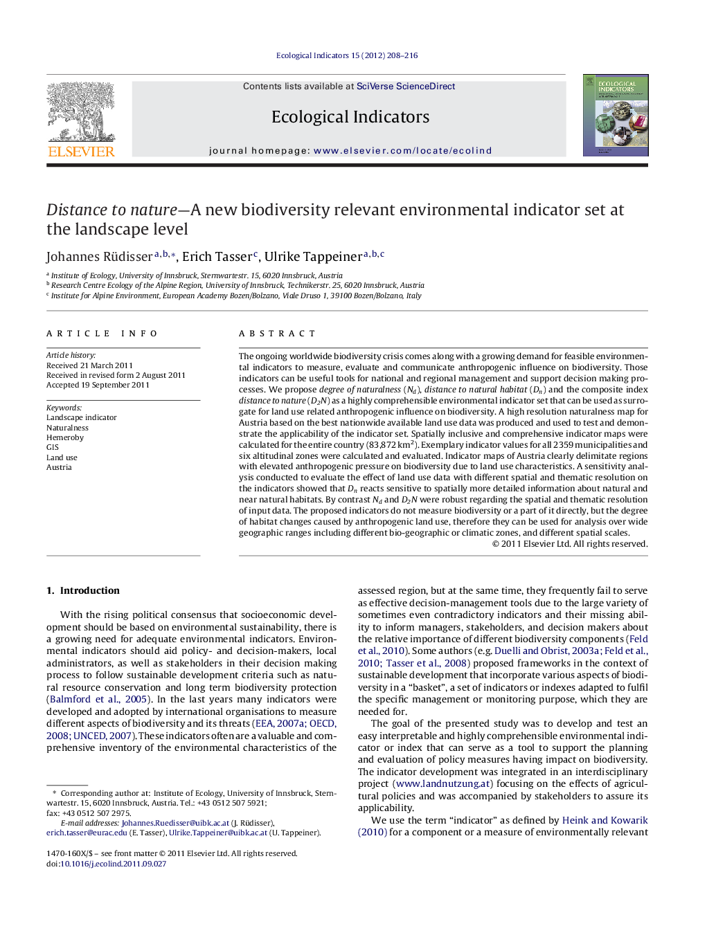 Distance to nature-A new biodiversity relevant environmental indicator set at the landscape level