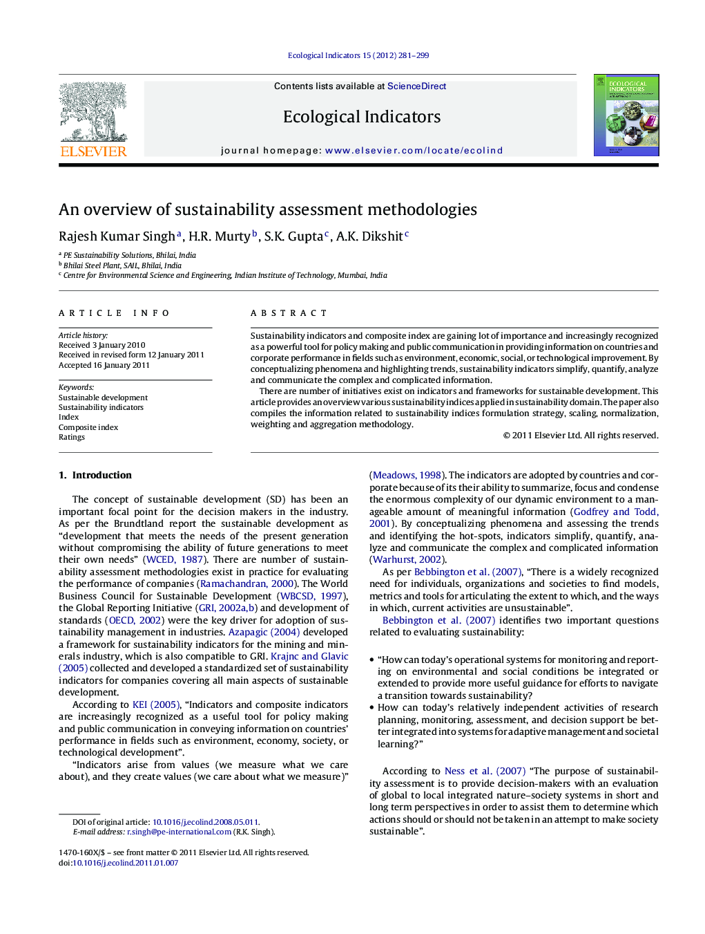 An overview of sustainability assessment methodologies