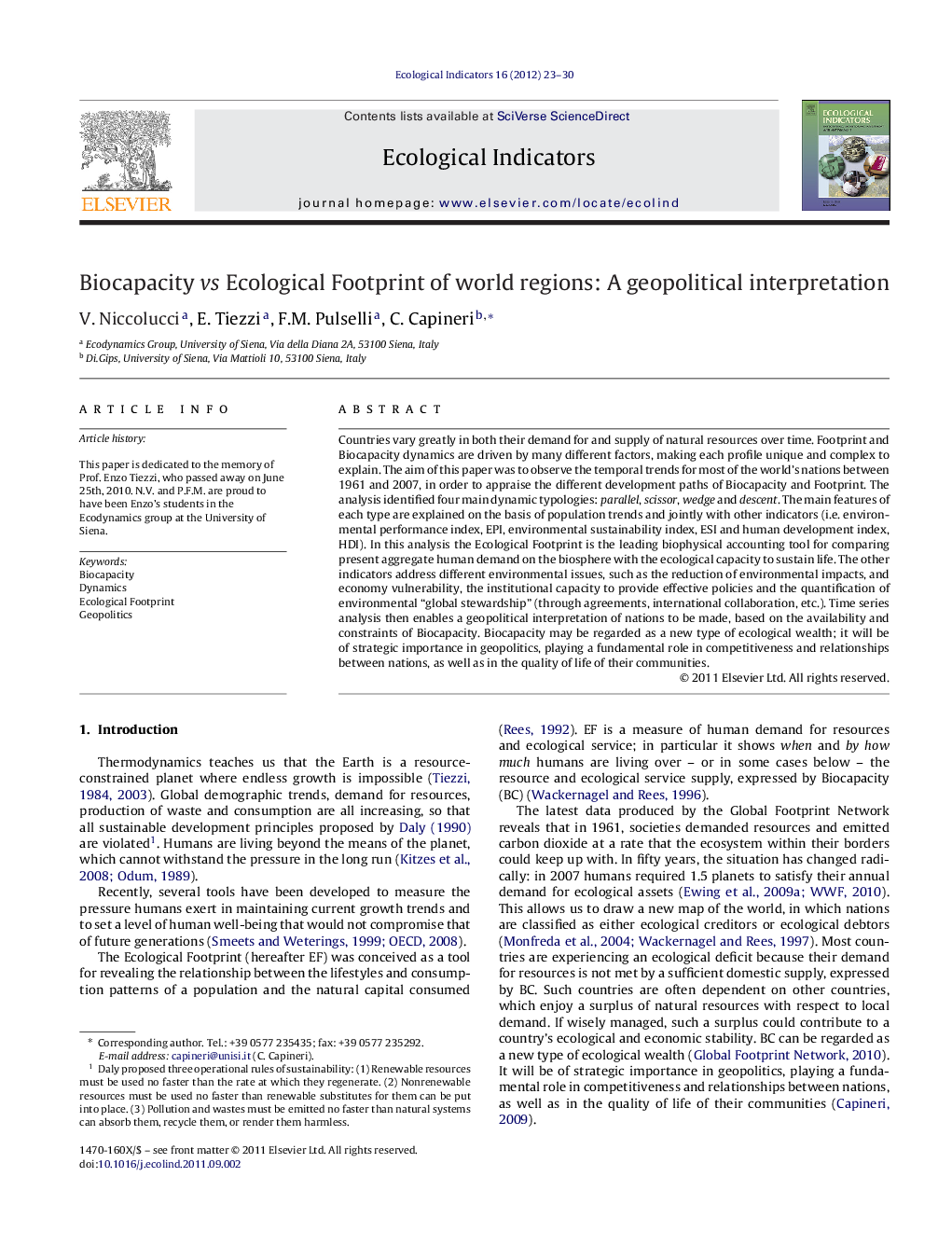 Biocapacity vs Ecological Footprint of world regions: A geopolitical interpretation