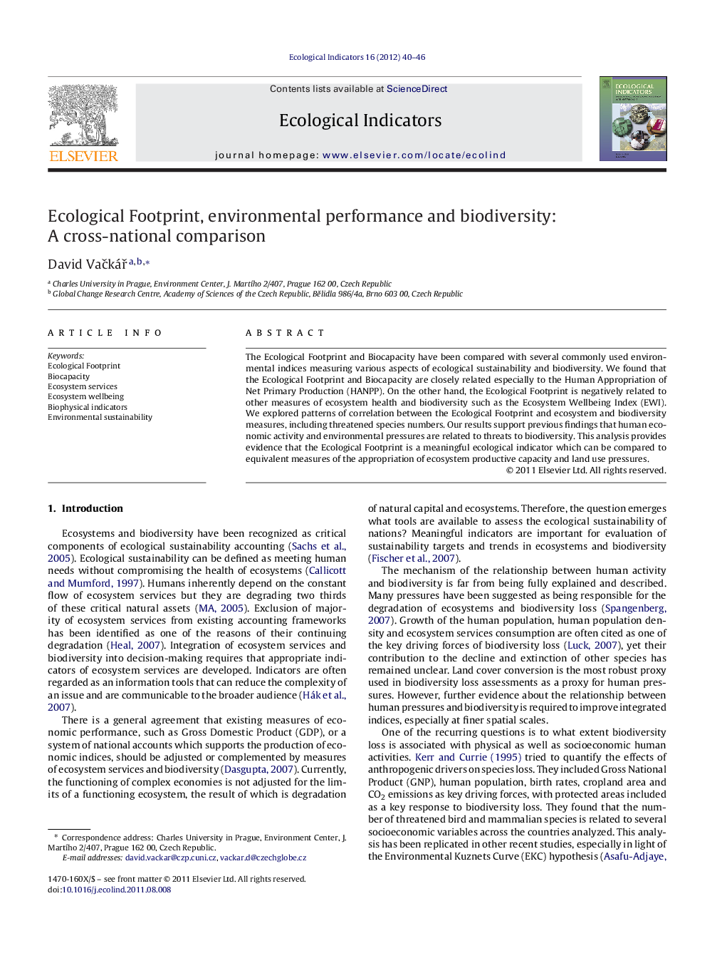 Ecological Footprint, environmental performance and biodiversity: A cross-national comparison