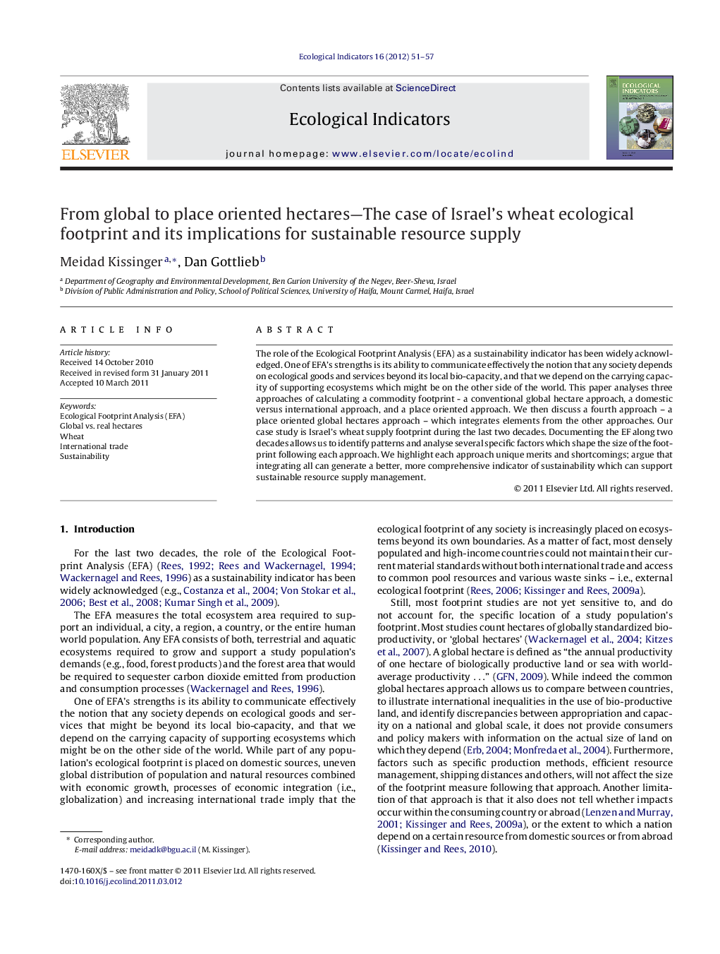 From global to place oriented hectares—The case of Israel's wheat ecological footprint and its implications for sustainable resource supply