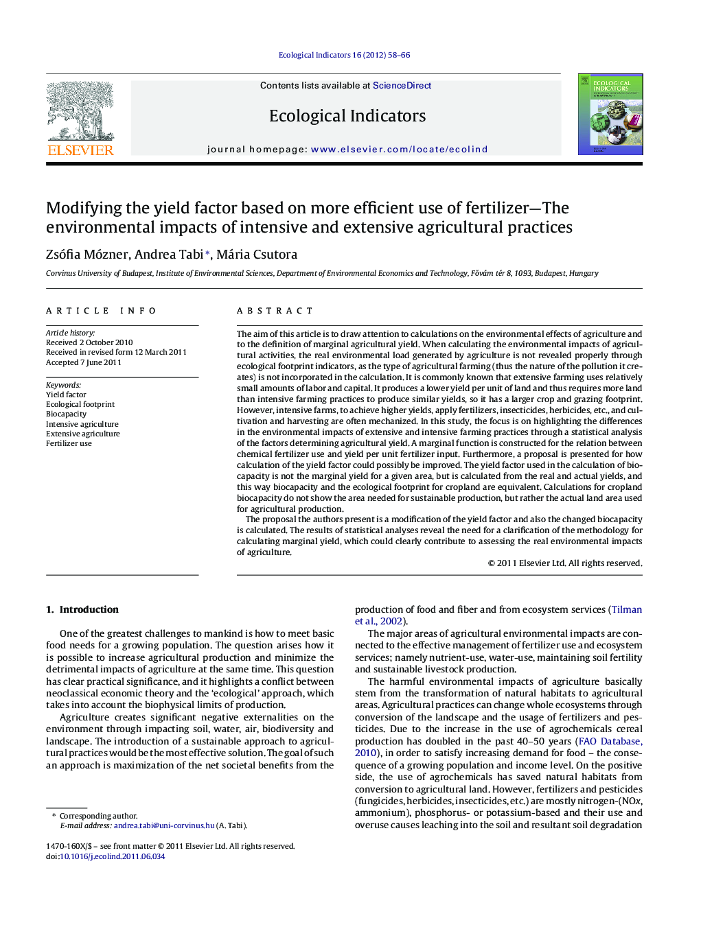 Modifying the yield factor based on more efficient use of fertilizer-The environmental impacts of intensive and extensive agricultural practices