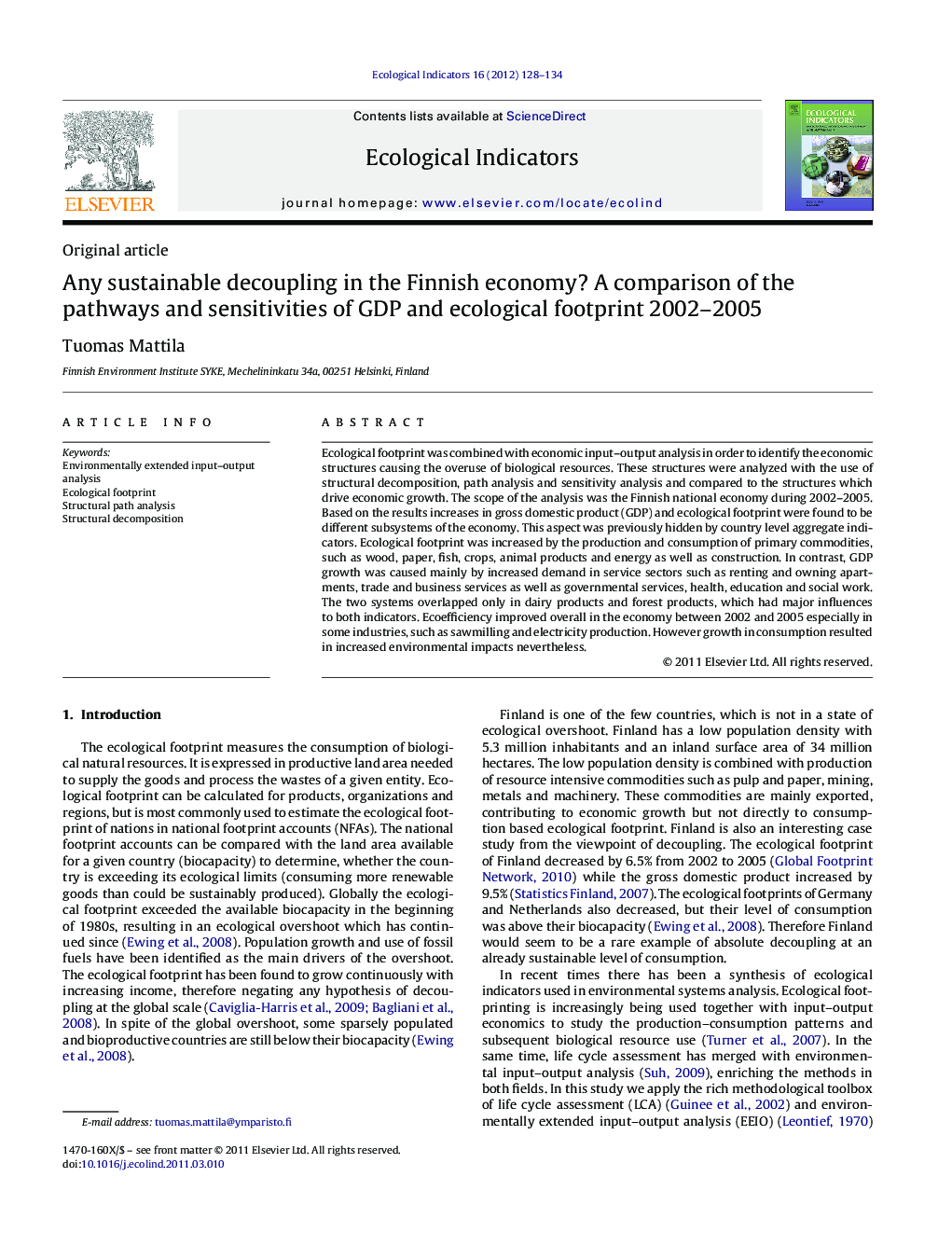 Any sustainable decoupling in the Finnish economy? A comparison of the pathways and sensitivities of GDP and ecological footprint 2002-2005