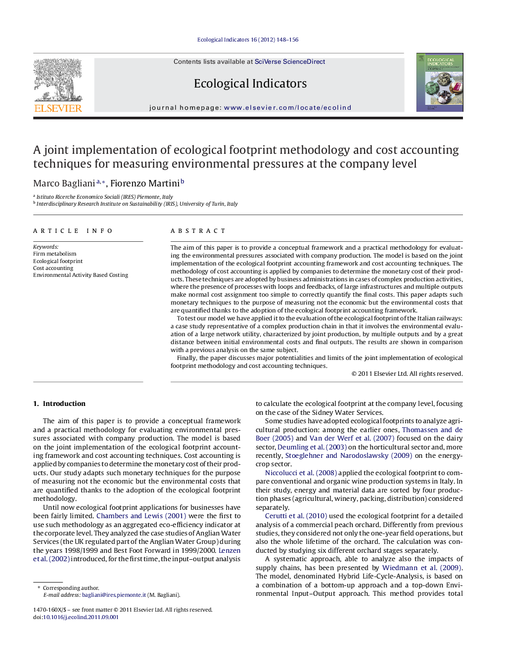 A joint implementation of ecological footprint methodology and cost accounting techniques for measuring environmental pressures at the company level