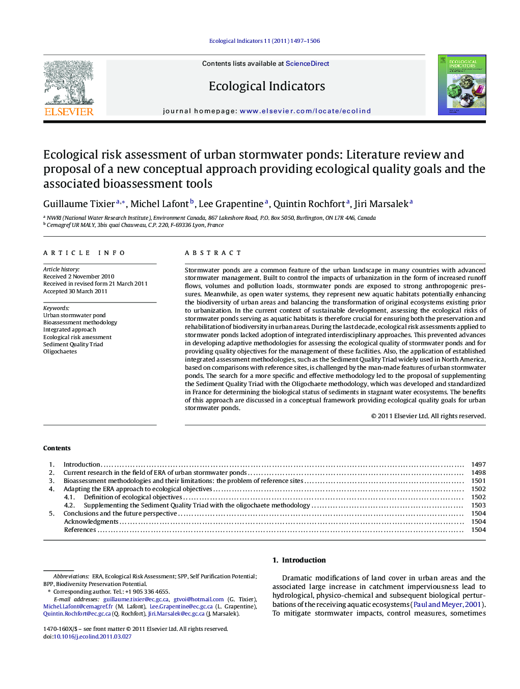 Ecological risk assessment of urban stormwater ponds: Literature review and proposal of a new conceptual approach providing ecological quality goals and the associated bioassessment tools