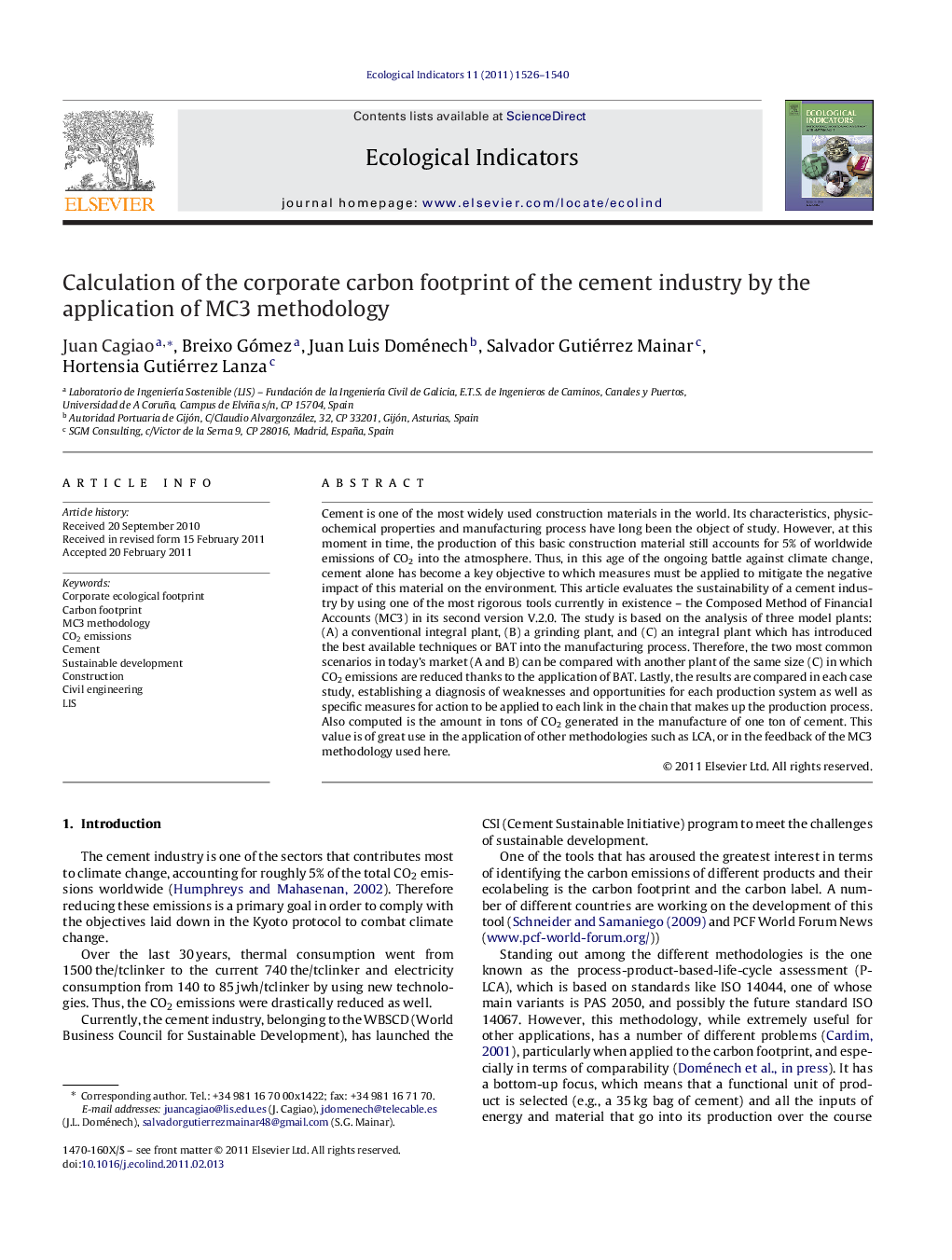 Calculation of the corporate carbon footprint of the cement industry by the application of MC3 methodology