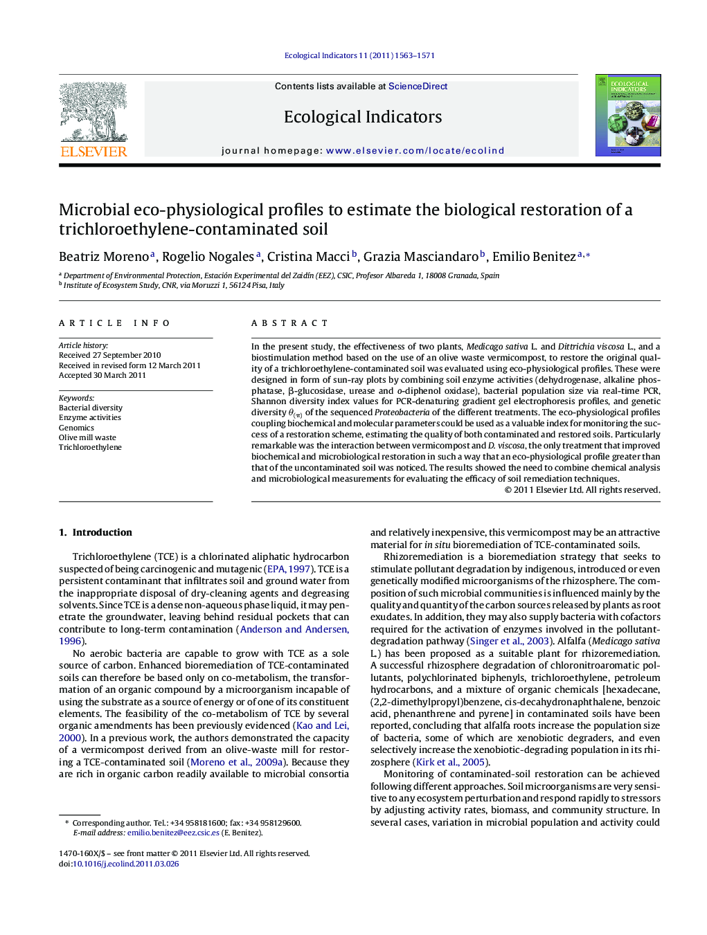 Microbial eco-physiological profiles to estimate the biological restoration of a trichloroethylene-contaminated soil