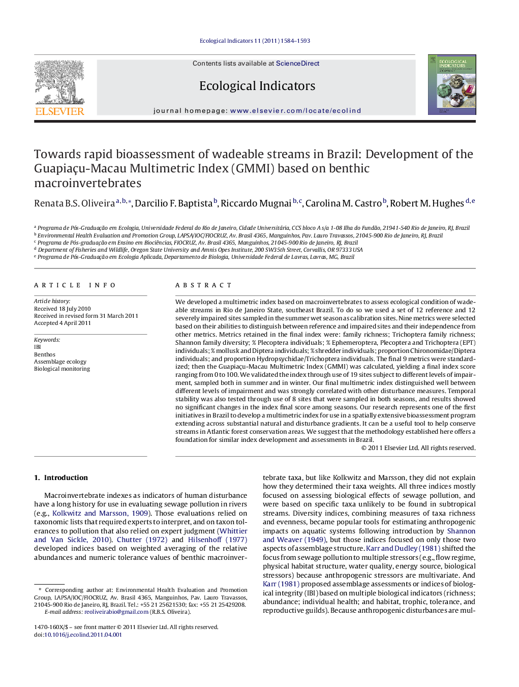 Towards rapid bioassessment of wadeable streams in Brazil: Development of the Guapiaçu-Macau Multimetric Index (GMMI) based on benthic macroinvertebrates