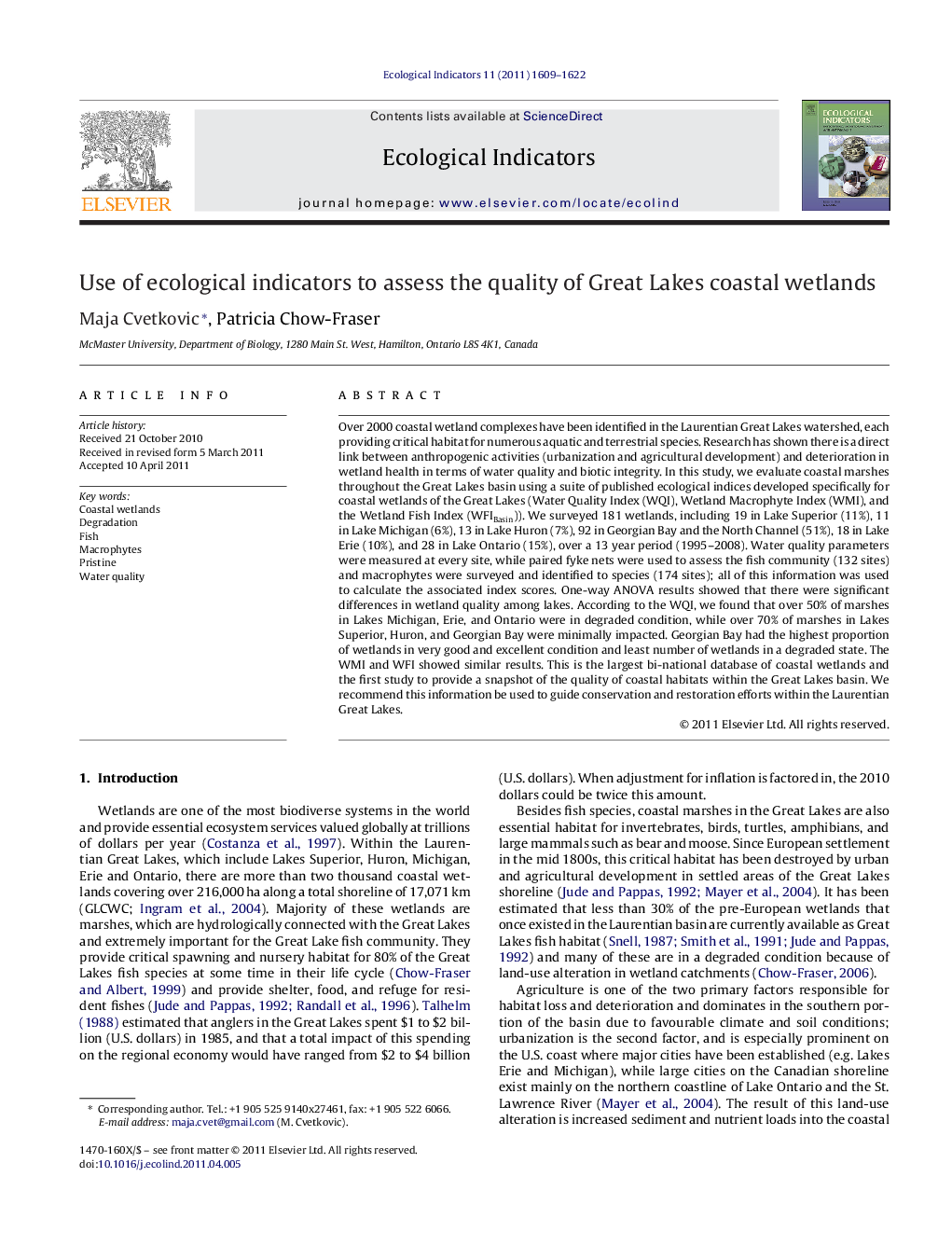 Use of ecological indicators to assess the quality of Great Lakes coastal wetlands