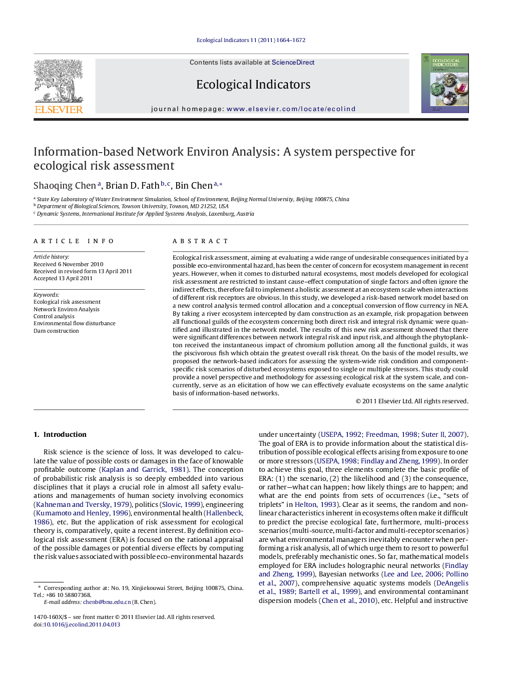 Information-based Network Environ Analysis: A system perspective for ecological risk assessment