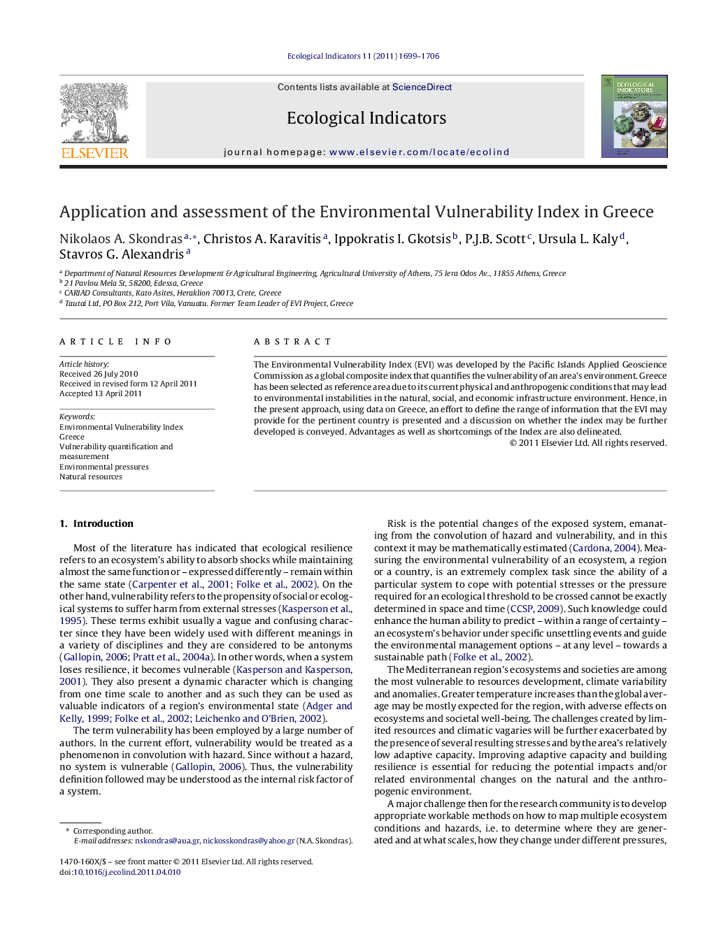 Application and assessment of the Environmental Vulnerability Index in Greece