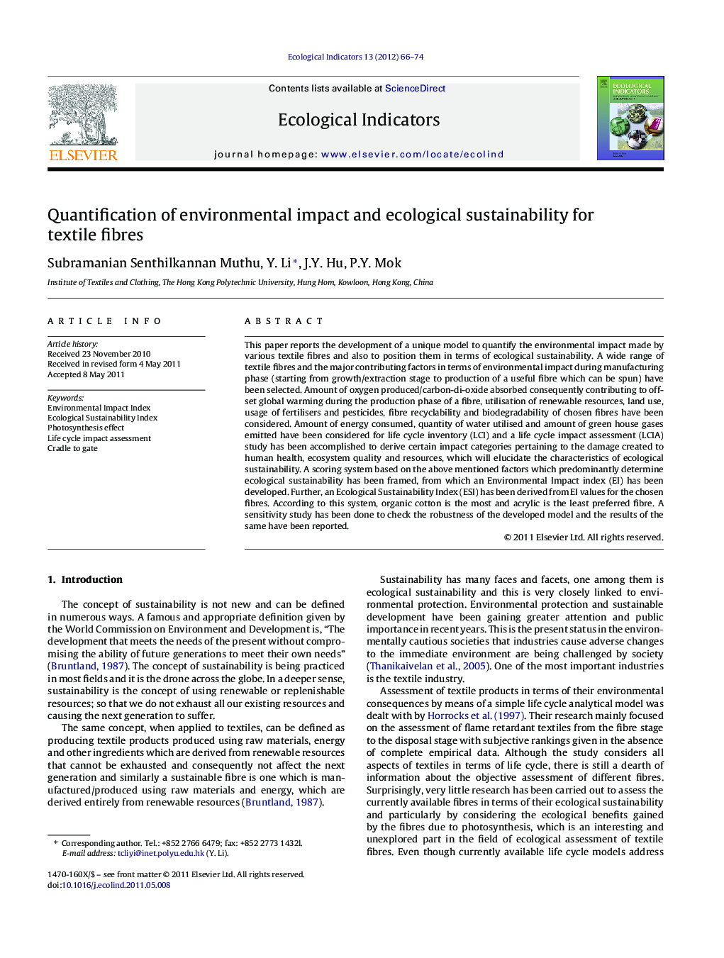 Quantification of environmental impact and ecological sustainability for textile fibres