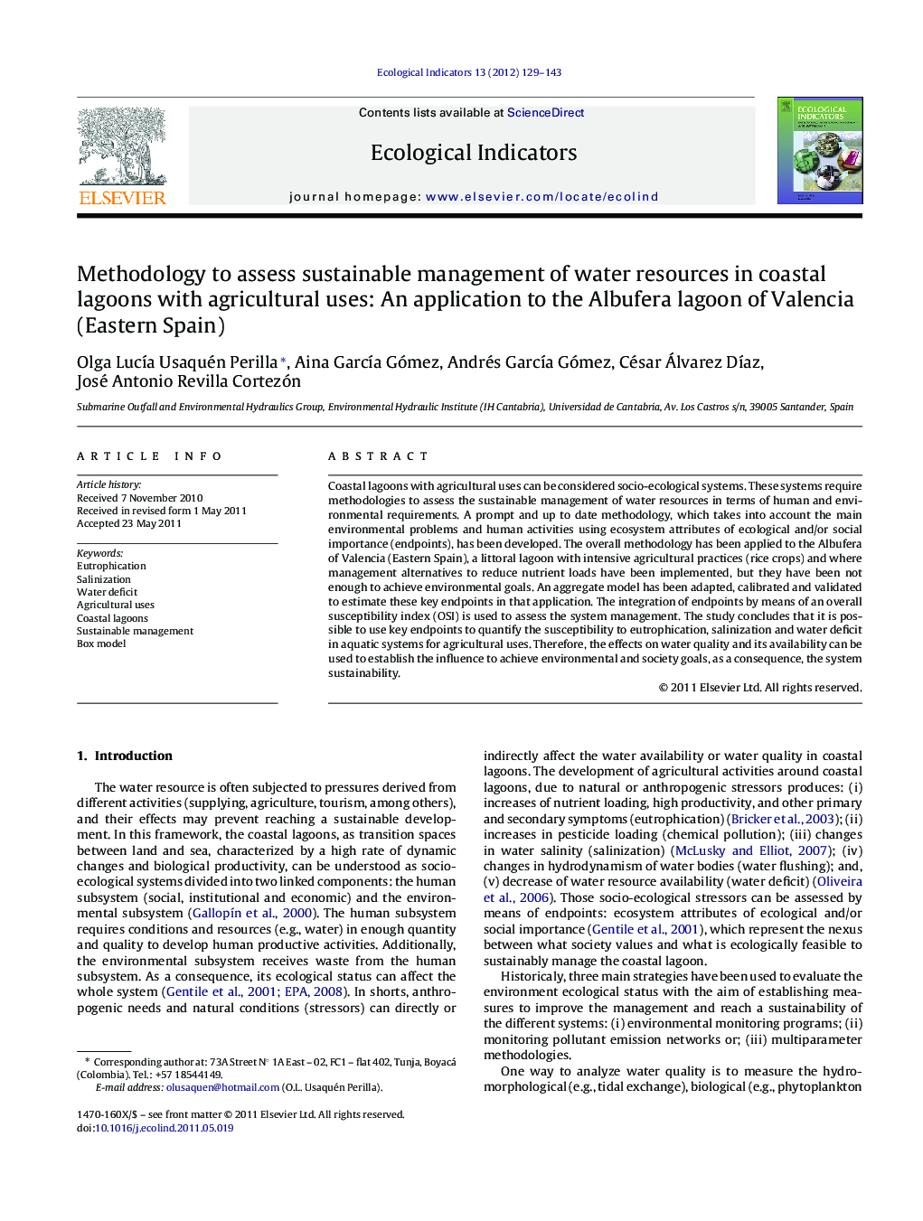 Methodology to assess sustainable management of water resources in coastal lagoons with agricultural uses: An application to the Albufera lagoon of Valencia (Eastern Spain)