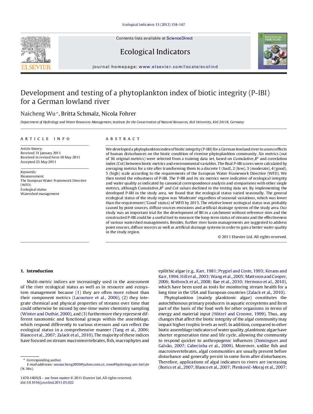 Development and testing of a phytoplankton index of biotic integrity (P-IBI) for a German lowland river